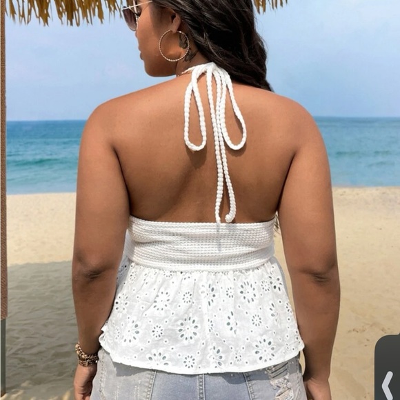 Boho Plus Size Eyelet Twisted Front Cut Out Halter Top White - Picture 3 of 6